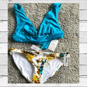 Vitamin A turquoise ocean and floral bikini set / bottoms are reversible- white